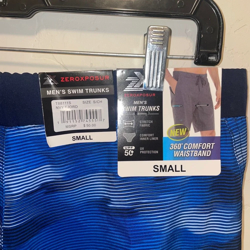 Zeroxposur Mens Swim Trunks Navy Fjord Blue Stripped Board Shorts Small
